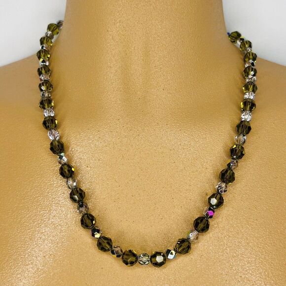 Vintage Art Glass Necklace Crystal Olive Green Clear AB Sterling Silver 4722 - Picture 1 of 13